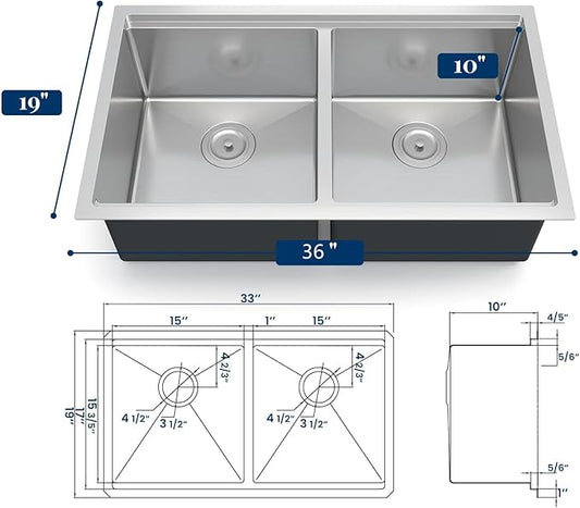 GarveeTech Undermount Kitchen Sink 36 x 19 x 10 Inch, Double Bowl Stainless Steel Sink with Integrated Ledge, Brushed Finish, Includes Bottom Grids & Drain Assemblies