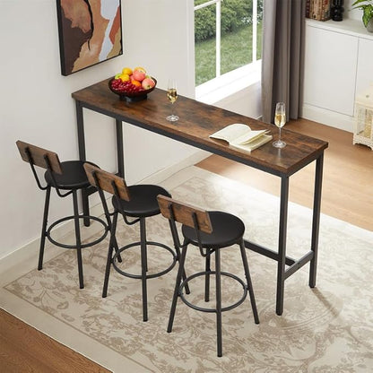 4 Piece Dining Table Set, Kitchen Table and Chairs for 3 with Upholstered Stools, Built-in Adjustable Feet, Bar Table Counter Height Pub Table Set for Living Room, Breakfast Nook, Small Space, Brown