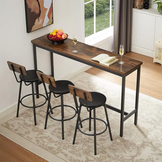 4 Piece Dining Table Set, Kitchen Table and Chairs for 3 with Upholstered Stools, Built-in Adjustable Feet, Bar Table Counter Height Pub Table Set for Living Room, Breakfast Nook, Small Space, Brown