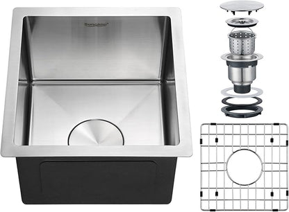 Bar Sink Undermount 13x15 Inch, Stainless Steel Small Kitchen Sink, Handmade Single Bowl Wet Bar Sinks with Grid for RV, Camper (Brushed)