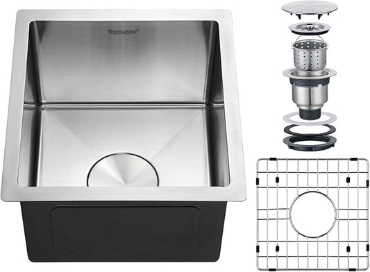 Bar Sink Undermount 13x15 Inch, Stainless Steel Small Kitchen Sink, Handmade Single Bowl Wet Bar Sinks with Grid for RV, Camper (Brushed)
