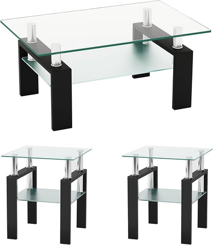 IANIYA 3 Piece Living Room Table Set, Modern Tempered Glass Coffee Table Set, Glass Coffee Table Black Metal Frame End Table for Living Room Apartment Small Space, Clear