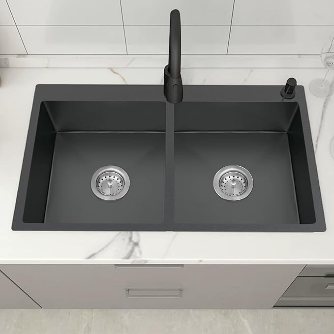 Black Double Bowl Sink - 50/50, 33x22x9-Inch Topmount - Stainless Steel - Drop In - Includes Sink Grid, Soap Dispenser, Drain Strainer