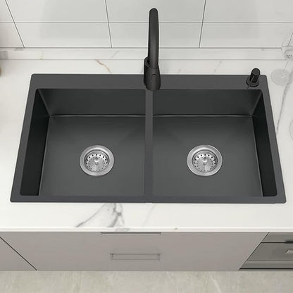 Black Double Bowl Sink - 50/50, 33x22x9-Inch Topmount - Stainless Steel - Drop In - Includes Sink Grid, Soap Dispenser, Drain Strainer