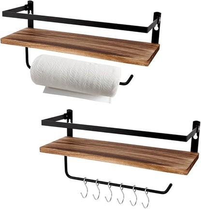 PHUNAYA Floating Shelves,Wall Mounted Shelf for Kitchen,Living Room,Bedroom,Bathroom Storage,Rustic Wood,Set of 2(Carbonized Black)