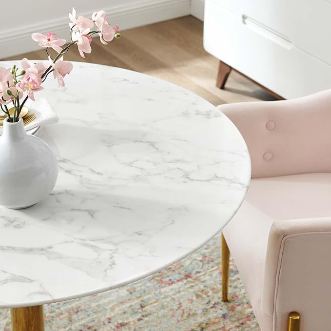 Modway Verne Round Artificial Marble 40" Dining Table in Gold White