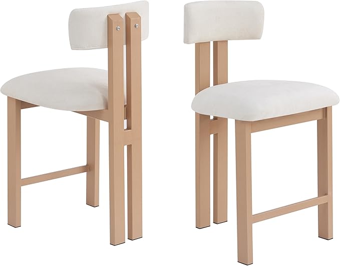 Set of 2 Modern Round Bar Stools with Low Back, 26.5" Height Upholstered Fabric Seats and Natural Iron Frame for Kitchen Island, Dining Counter, Home Bar,Natural+White