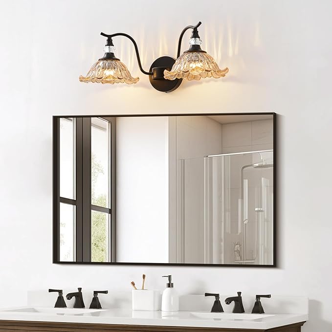 Vintage Bathroom Vanity Light Fixtures - 2 Light Antique Matte Black Bathroom Lights Fixture Over Mirror with Amber Flower Glass,Retro High End Wall-Mounted Vanity Lighting for Bath Powder Room