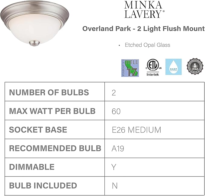 Minka Lavery 4960-84 Overland Park Flush Mount, 2-Light, 120 Total Watts, 13-in H x 6-in W, Brushed Nickel