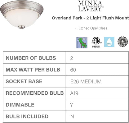 Minka Lavery 4960-84 Overland Park Flush Mount, 2-Light, 120 Total Watts, 13-in H x 6-in W, Brushed Nickel