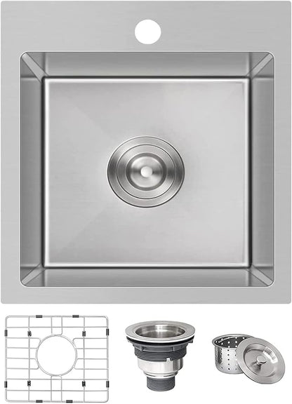 Comllen 15x15 Inch Drop In Bar Sink, Small Kitchen Sinks,18 Gauge Stainless Steel, Top Mount,9 Inch Deep, Single Bowl, Brushed Nickel, Outdoor Bar Sink, RV Kitchen Sink With Bottom Grid & Strainer