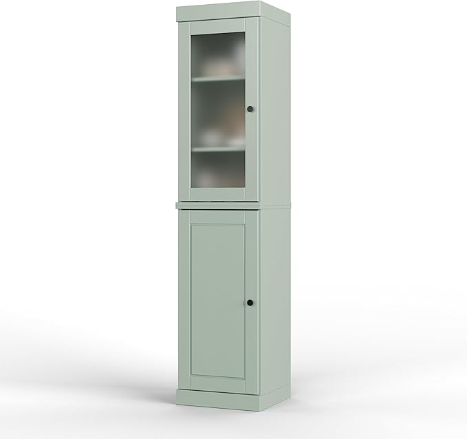 Palace Imports Solid Wood Kitchen Pantry - Narrow Storage Cabinet - 16.5" Wide x 71.5" Tall - 1 Raised Panel & 1 Frosted Glass Door, Sage, Adjustable Shelves, 100% Eco-Friendly Wood, Modular Cabinets