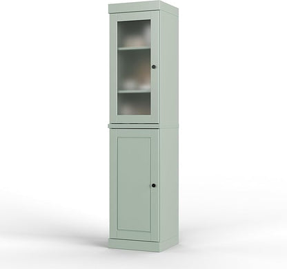Palace Imports Solid Wood Kitchen Pantry - Narrow Storage Cabinet - 16.5" Wide x 71.5" Tall - 1 Raised Panel & 1 Frosted Glass Door, Sage, Adjustable Shelves, 100% Eco-Friendly Wood, Modular Cabinets