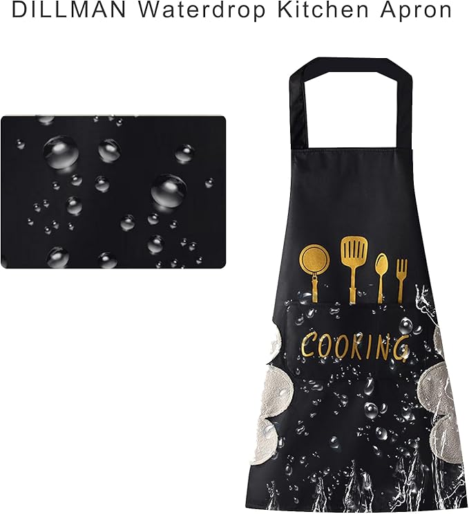DILLMAN Women Kitchen Apron with Hand Wipe Pockets，Big Pocket,Hand-wiping, Waterproof for Cooking Baking