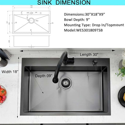 30 Black Kitchen Sink Drop In- Wesliv 30x18 Drop In Black Stainless Steel Kitchen Sink Single Bowl Overmount Deep Sinks with Bottom Rinse Grid&Soap Dispenser