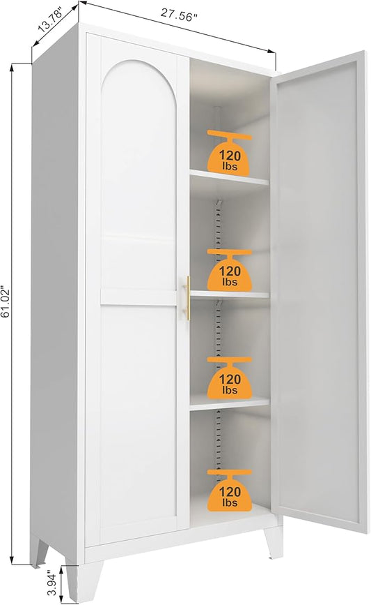 Ball & Cast 61″Tall Freestanding Kitchen Pantry Cabinet,Versatile Metal Storage Cabinet w/Adjustable Shelves & Doors,Pantry Cabinet for Kitchen and Dining Room,White