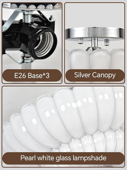 Semi Flush Mount Ceiling Light, Pearl white Glass Ceiling Light Fixture, 3-Bulb Modern Close to Ceiling Light, Vintage Glass Ceiling Lights for Bedroom Kitchen Living Room, Bulb Not Included