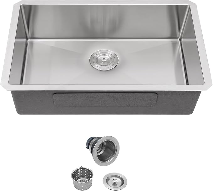 Undermount Kitchen Sink - 33 inch Undermount Kitchen Sink 16 Gauge Stainless Steel Sinks with Round Corner Handmade Single Bowl Under Counter Basin for Kitchens, 33"x19"x9"