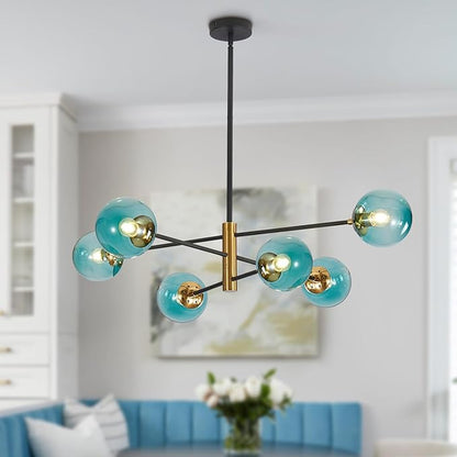 BOKT Modern 6-Lights Blue Glass Ball Sputnik Chandelier Mid-Century Black Gold Flush Mount Chandelier Vintage Large Globe Sputnik Chandelier Kitchen Island Pendant Light