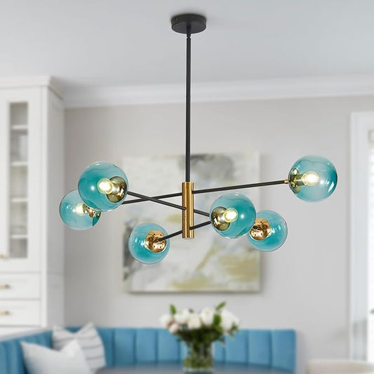 BOKT Modern 6-Lights Blue Glass Ball Sputnik Chandelier Mid-Century Black Gold Flush Mount Chandelier Vintage Large Globe Sputnik Chandelier Kitchen Island Pendant Light