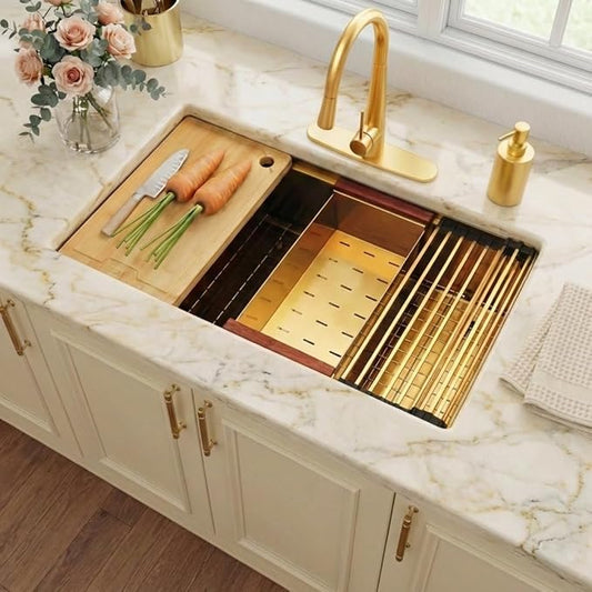 LQS Gold Kitchen Sink, 32 Inch Gold Undermount Kitchen Sink, 32” x 19" Stainless Steel 16 Gauge Kitchen Sinks with Pratical Accessories For Luxury Kitchens, Round Corner and X Drain Line