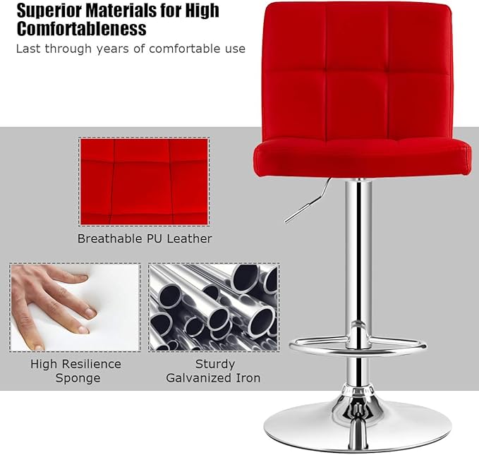 COSTWAY Adjustable Bar Stools Set of 2, Modern Swivel PU Leather Bar Chair with Backrest, Soft Cushioned Seat, Footrest, Sturdy Metal Frame, Comfortable Barstools for Kitchen Island, Pub, Red