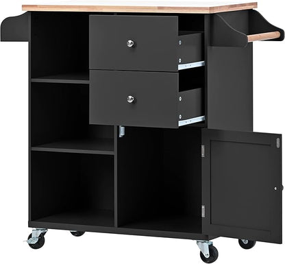 Fashion Store Kitchen Island Cart with Rubber Wood Top and 2 Drawers,4 Wheels and 3 Open Shelves,for Kitchen,Dining Room,Bathroom,Living Room (Black@E)