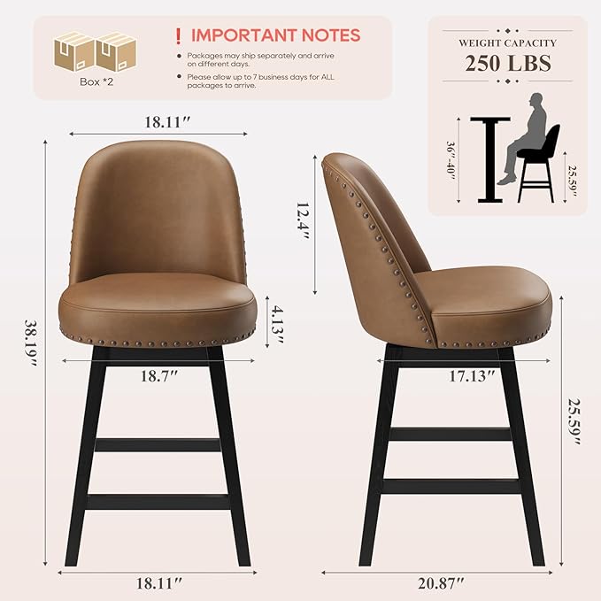 MALOL Swivel Bar Stools Set of 3, PU Leather Mid Century Mondern Barstools, 26 inch Counter Height Bar Chairs with Solid Back and Wood Legs, for Kitchen Island，Brown