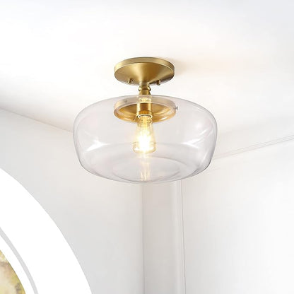 JONATHAN Y 14" Brass Gold Modern Farmhouse LED Flush Mount Light Fixture, Clear Glass Shade, Rustic Industrial Schoolhouse Lamp for Kitchen Hallway Bedroom (JYL7517B)