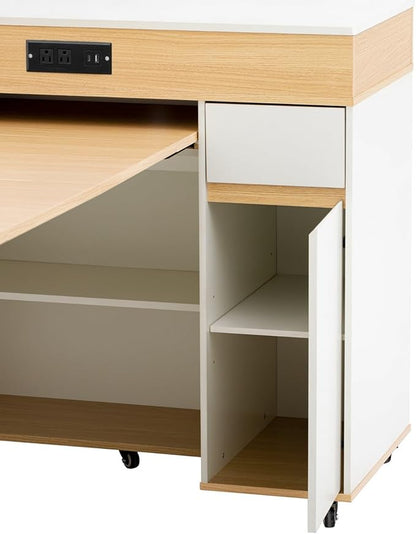 Extendable Dining Table with Rolling Kitchen Island, 54.1" Folding Top, Storage Cabinet, Drawers, Power Outlet, USB Ports, Brake Lock Wheels, 4-5 People, 110 LBS Capacity, Natural