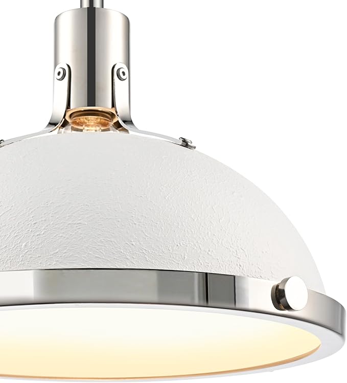 12.7 Inch White and Nickel Modern Pendant Lights, Mid Century Dome Kitchen Island Pendant Lighting, 1-Light Small Ceiling Hanging Light Fixture with Opal Glass Diffuser, Over Sink Table Bar