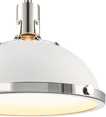 12.7 Inch White and Nickel Modern Pendant Lights, Mid Century Dome Kitchen Island Pendant Lighting, 1-Light Small Ceiling Hanging Light Fixture with Opal Glass Diffuser, Over Sink Table Bar