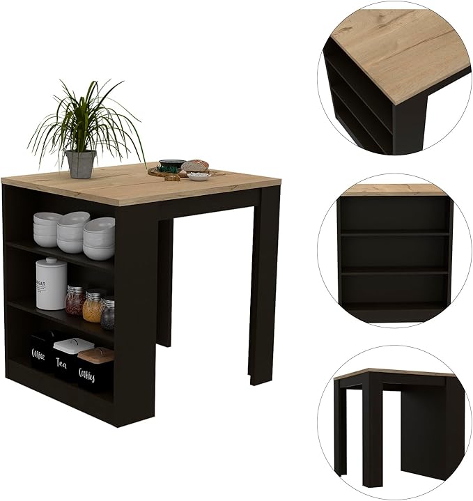 Kitchen Island Table, Two Legs, Three Side Shelves, Black/Pine
