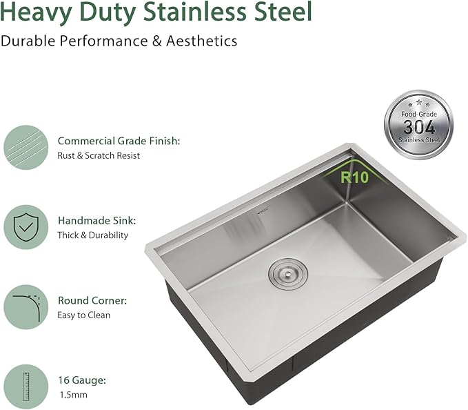 27 Inch Undermount Kitchen Sink Workstation 16 Gauge Stainless Steel Sink Round Corners Single Bowl Under Counter Legde Deep Kitchen Sinks Basin, 27"x19"x9"