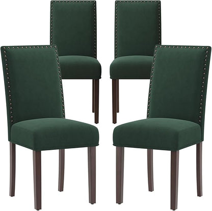 COLAMY Green Velvet Dining Chairs Set of 4 – Upholstered Kitchen & Dining Room Chairs with Nailhead Trim, Soft High-Density Cushion and Solid Wood Legs for Dining Room, Kitchen, Living Room