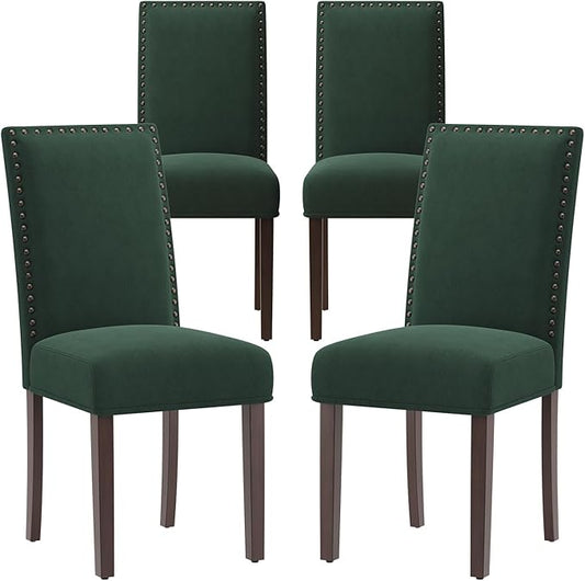 COLAMY Green Velvet Dining Chairs Set of 4 – Upholstered Kitchen & Dining Room Chairs with Nailhead Trim, Soft High-Density Cushion and Solid Wood Legs for Dining Room, Kitchen, Living Room