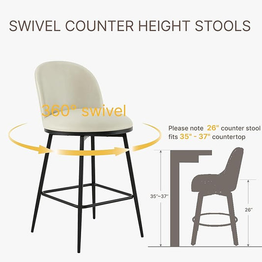 KISLOT Counter Height Swivel Bar Stools Set of 2, 26" Upholstered Faux Leather Barstools with Backs and Metal Legs for Kitchen Island,Cream