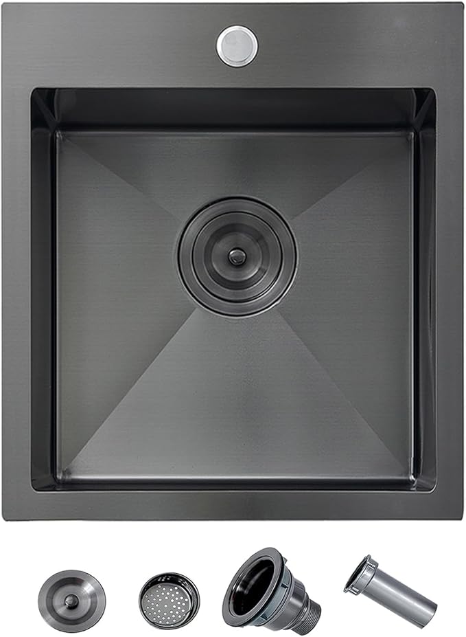 15 Inch Drop In Bar Sink, Gunmetal Black 15x17x9 Topmount Stainless Steel Single Bowl Wet Bar Prep RV Outdoor Small Kitchen Sinks 16 Guage with Drain