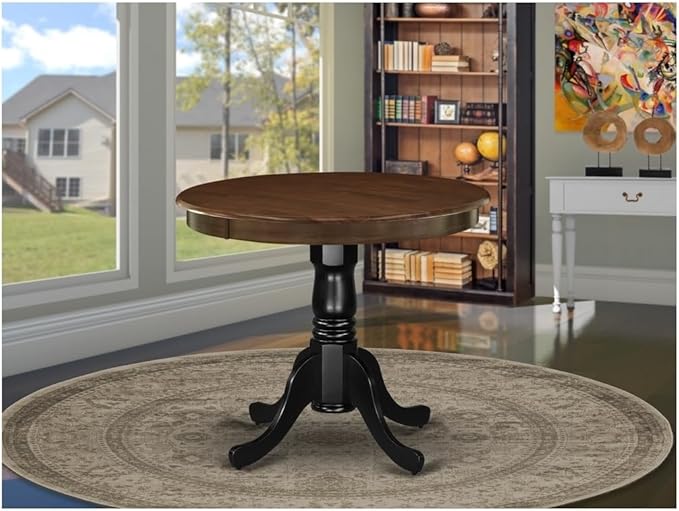 HomeStock Island Oasis Antique Dining Table Made of Rubber Wood Offering Walnut Finish Table Top, 36 Inch Round, Wirebrushed Black Pedestal