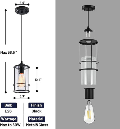 AKEZON Pendant Lights, Black Hanging Light Fixtures Kitchen Island 2 Pack with Clear Glass, Modern Industrial Cage Pendant Lighting for Kitchen Dining Room Entryway Bathroom