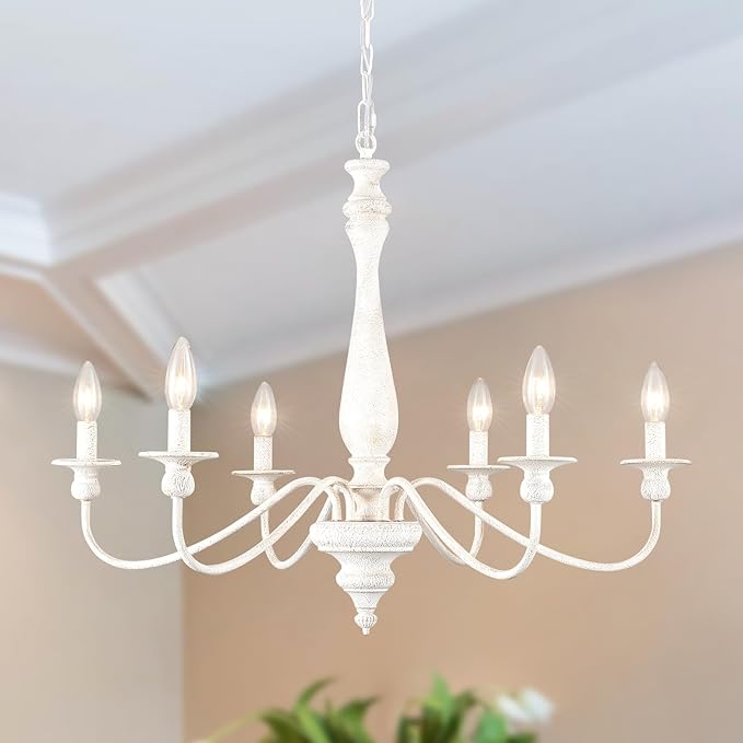 Farmhouse Chandeliers for Dining Room, 6-Light Distressed White French Country Chandelier, Vintage Wood Rustic Chandelier Hanging Light Fixture for Bedroom Living Room Foyer Entryway