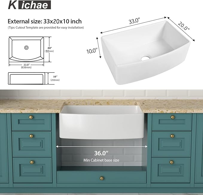 33 White Farmhouse Kitchen Sink Arched Apron - Kichae 33 Inch Kitchen Sink Apron Front White Fireclay Ceramic Porcelain Single Bowl Farm Style Kitchen Sinks Basin