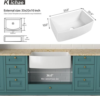 33 White Farmhouse Kitchen Sink Arched Apron - Kichae 33 Inch Kitchen Sink Apron Front White Fireclay Ceramic Porcelain Single Bowl Farm Style Kitchen Sinks Basin
