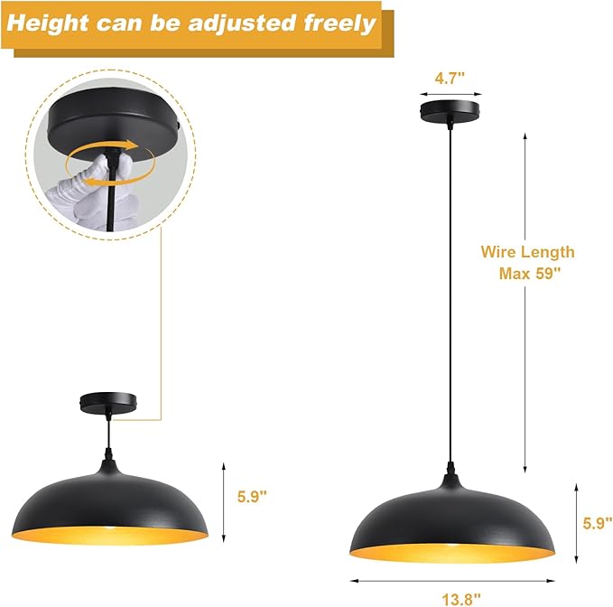 Large Pendant Light Fixtures Ceiling Hanging, 13.7" Dome Pendant Lights,Black Pendant Lighting Fixture,Adjustable Pendant Lamps for Hallway,Farmhouse,Dining Room,Living Room