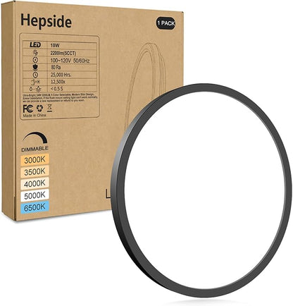 hepside 1Pack LED Flush Mount Ceiling Light Fixture, 9Inch 18W, Dimmable&3000K/3500K/4000K/5000K/6500K Adjustable Low Profile Ceiling Lights, Round Flat Ceiling Light for Closet,Kitchen,Hallway-Black