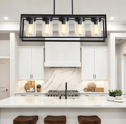 Modern 5-Light Black Rectangular Farmhouse Chandeliers, Linear Dining Room Light Fixture with Clear Glass Shades, Kitchen Island Lighting Fixtures over Table Ceiling Hanging Pendant Lights