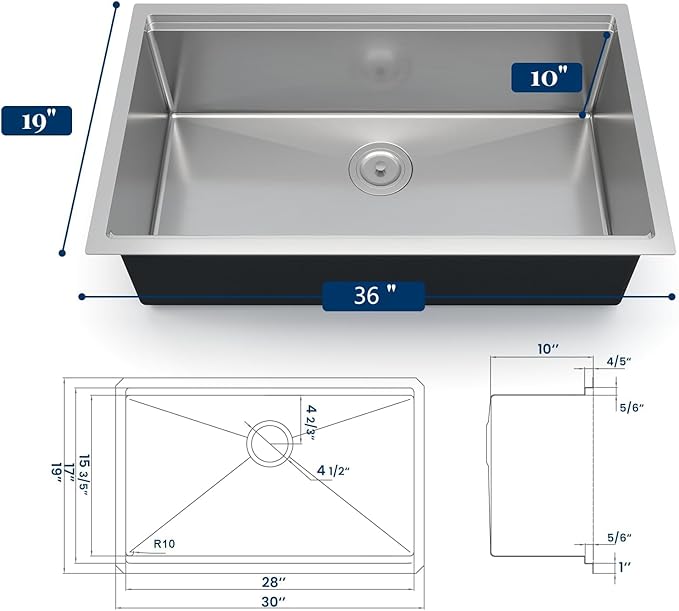 GarveeTech Undermount Kitchen Sink 36 x 19 x 10 Inch, Single Bowl Workstation Stainless Steel Sink with Integrated Ledge, Brushed Finish, Includes Bottom Grid & Drain Assembly