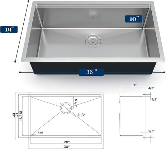 GarveeTech Undermount Kitchen Sink 36 x 19 x 10 Inch, Single Bowl Workstation Stainless Steel Sink with Integrated Ledge, Brushed Finish, Includes Bottom Grid & Drain Assembly