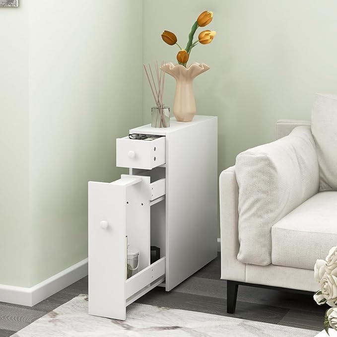 Nightcore Narrow Bathroom Storage Cabinet, Multi-Functional Storage Organizer with Drawers, Double Door, Shelves & Toilet Paper Holder, Space-Saving Storage Cabinet for Toilet, Kitchen,(White)