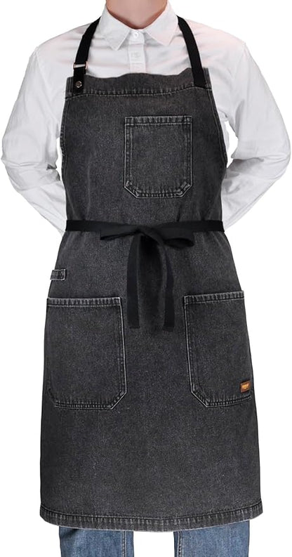 Denim Apron with Pockets, Professional for Mens Womens Chef Kitchen Cooking Grill BBQ Painting Baking, Black Bib with Towel Loop & Adjustable Neck Strap (Black Denim -2)